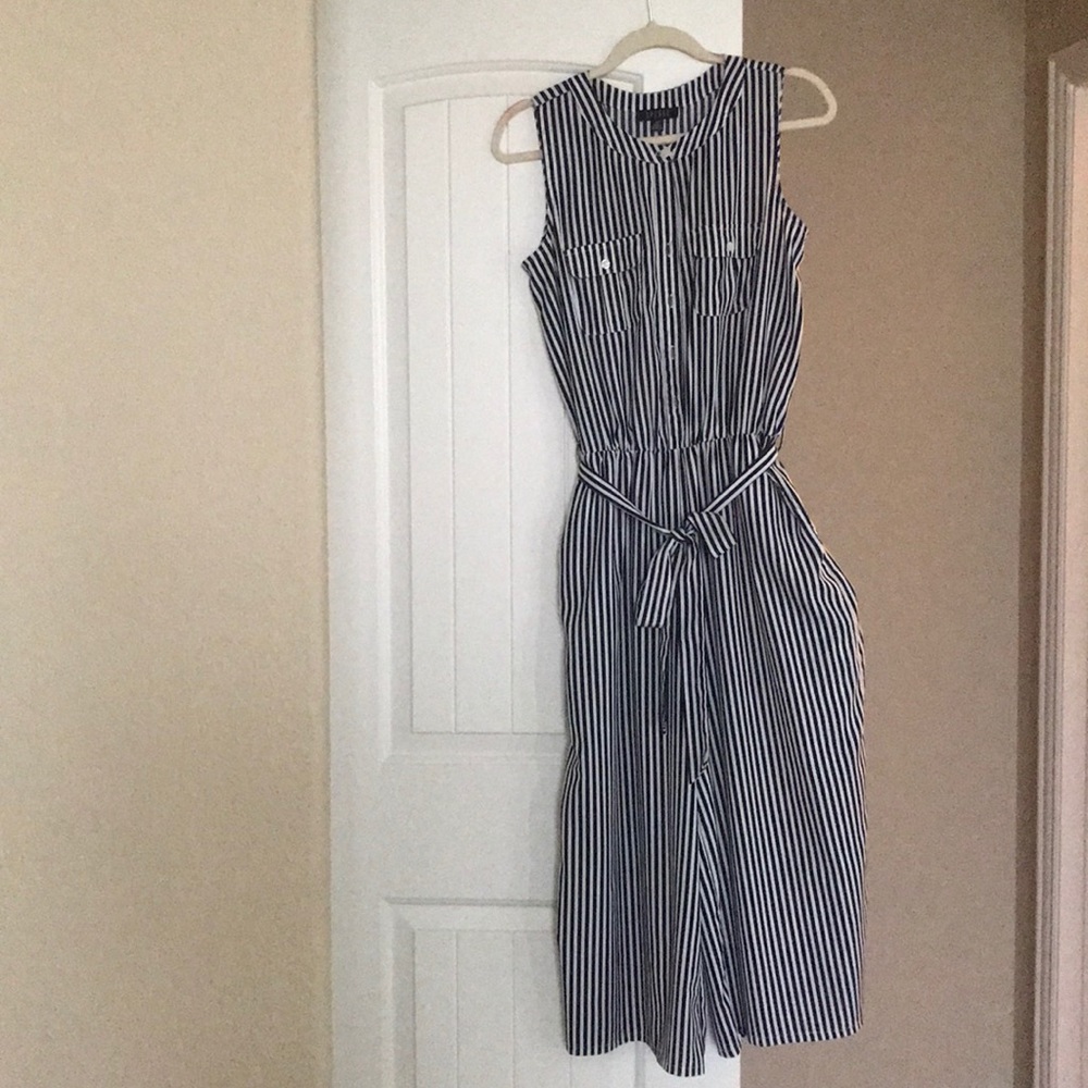 Navy blue and white striped romper